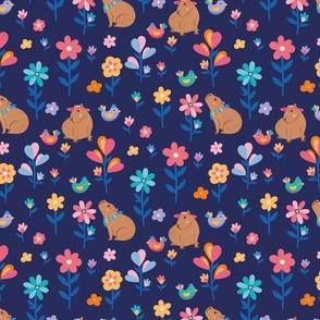 Cute Playful Capybaras with Simple Colorful Flowers on Dark Navy Blue