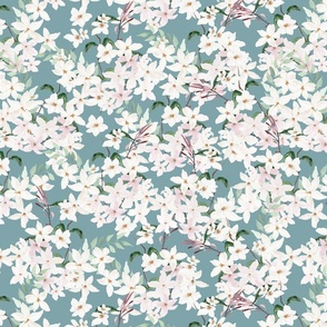 Small Scale Floral Jasmine Blooms Pattern | Boho Teal and White Flowers MK006