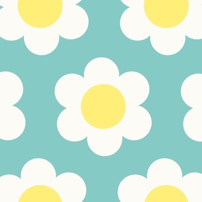 Jumbo 60s Flower Power Daisy - yellow and white on Dusty Turquoise green - retro floral - retro flowers - simple retro flower wallpaper - kitchy kitchen