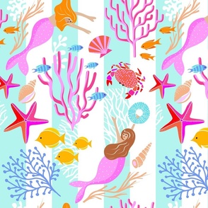 (M) Whimsy Boho Magical Seaside on Large Stripes in fresh Aqua, Pink, Yellow #whimsicalseaside #mermaidpattern #coastalstripes #girlyseaside  #turquoise  #seasidecollection