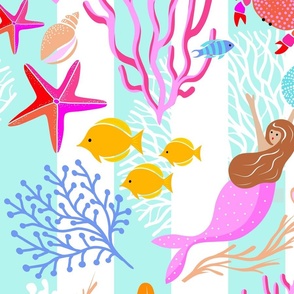 (L) Whimsy Boho Magical Seaside on Large Stripes in fresh Aqua, Pink, Yellow #whimsicalseaside #mermaidpattern #coastalstripes #girlyseaside  #turquoise #seasidecollection