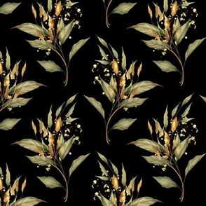 Floral pattern with green and gold leaves on black 1