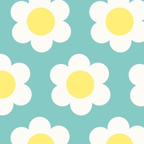Large 60s Flower Power Daisy - yellow and white on Dusty Turquoise green - retro floral - retro flowers - simple retro flower wallpaper - kitchy kitchen