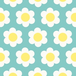 Medium 60s Flower Power Daisy - yellow and white on Dusty Turquoise green - retro floral - retro flowers - simple retro flower wallpaper - kitchy kitchen