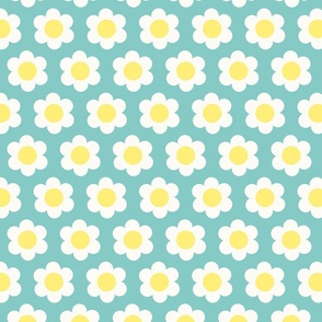 Small 60s Flower Power Daisy - yellow and white on Dusty Turquoise green - retro floral - retro flowers - simple retro flower wallpaper - kitchy kitchen