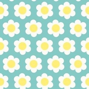 Extra Small 60s Flower Power Daisy - yellow and white on Dusty Turquoise green - retro floral - retro flowers - simple retro flower wallpaper - kitchy kitchen