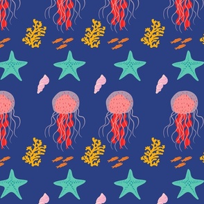 Jellyfish, starfish, algae, seashells, fishes in vibrant colors, red, yellow, orange, pink, tile on a ultramarine background