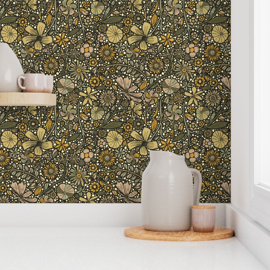 Maximalist bohemian floral pattern olive green yellow small