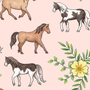 Horses and Primrose Floral on light peach - large scale