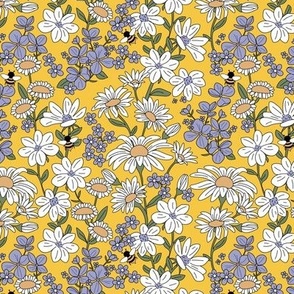 Romantic wildflowers and bees - English garden with daisies and poppies and violet flowers lavender yellow white