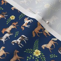 Horses and Primrose Floral on night sky navy - small scale