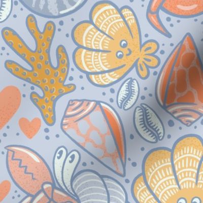cute shells and crabs - big scale - baby blue