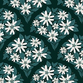 Chickweed Flower Fan Geometric Floral - Dark Green and White - Medium Scale - Moody Botanical Design For Dark Cottagecore Styles
