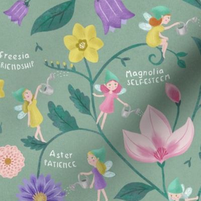 MEDIUM Flower Fairies Floriography - Hand-Drawn on a pastel light Celadon green background