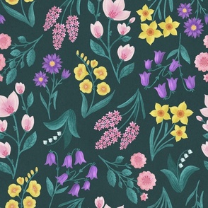 LARGE Colorful Pink Purple Yellow Green Hand-Drawn Textured Spring Flowers on a Dark Green background