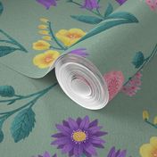 LARGE Colorful Pink Purple Yellow Green Hand-Drawn Textured Spring Flowers on a Pastel Light Celadon Green background
