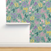 LARGE Colorful Pink Purple Yellow Green Hand-Drawn Textured Spring Flowers on a Pastel Light Celadon Green background