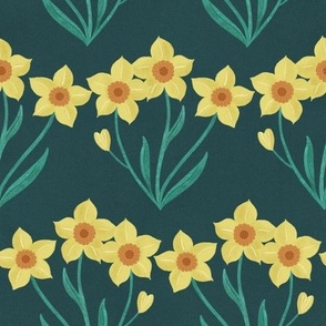 MEDIUM Beautiful Hand-Drawn Textured Narcissus Daffodil Yellow, Orange Spring Flower on a Dark Green Background