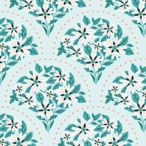 Chickweed Flower Fan Geometric Floral - Light Aqua Blue and White - Large Scale - Pastel Botanical Design for Spring Cottagecore and Easter Styles