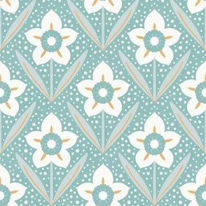 SMALL Modern Hand-drawn Textured Floral Daffodil Narcissus Tile on a Pastel Blue background