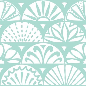(L) Scallop Shell Doodles Tiles Coastal Sea Glass Green/Aqua/Light Teal and White