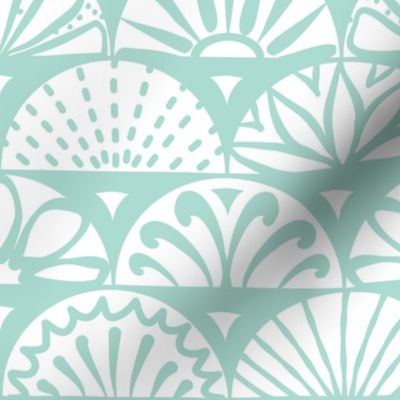 (M) Scallop Shell Doodles Tiles Coastal Sea Glass Green/Aqua/Light Teal and White