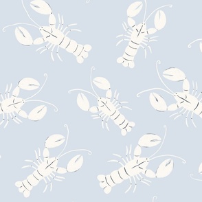 Lobster Lagoon: Coastal, Hand-Drawn, White Crustacean on Baby Blue Background BIG SCALE