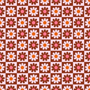 Checkered board with flowers - Off white,  orange, coral and burgundry