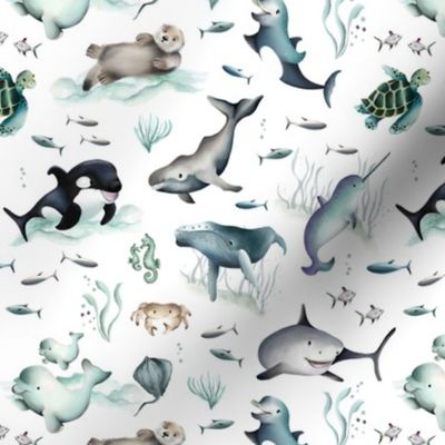 Underwater ocean sea animals, nursery, kids clothing,  blue, green teals on white