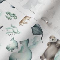 Underwater ocean sea animals, nursery, kids clothing,  blue, green teals on white