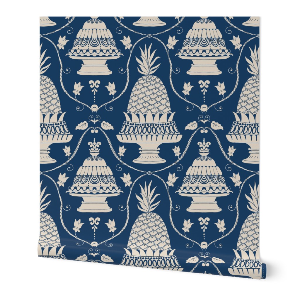 Patisserie shop window damask in navy blue with sweet dessert for birthday celebration, baking and eating - for classic elegant or grandmillennial interiors