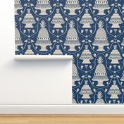 Patisserie shop window damask in navy blue with sweet dessert for birthday celebration, baking and eating - for classic elegant or grandmillennial interiors