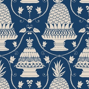 Patisserie shop window damask in navy blue with sweet dessert for baking and eating