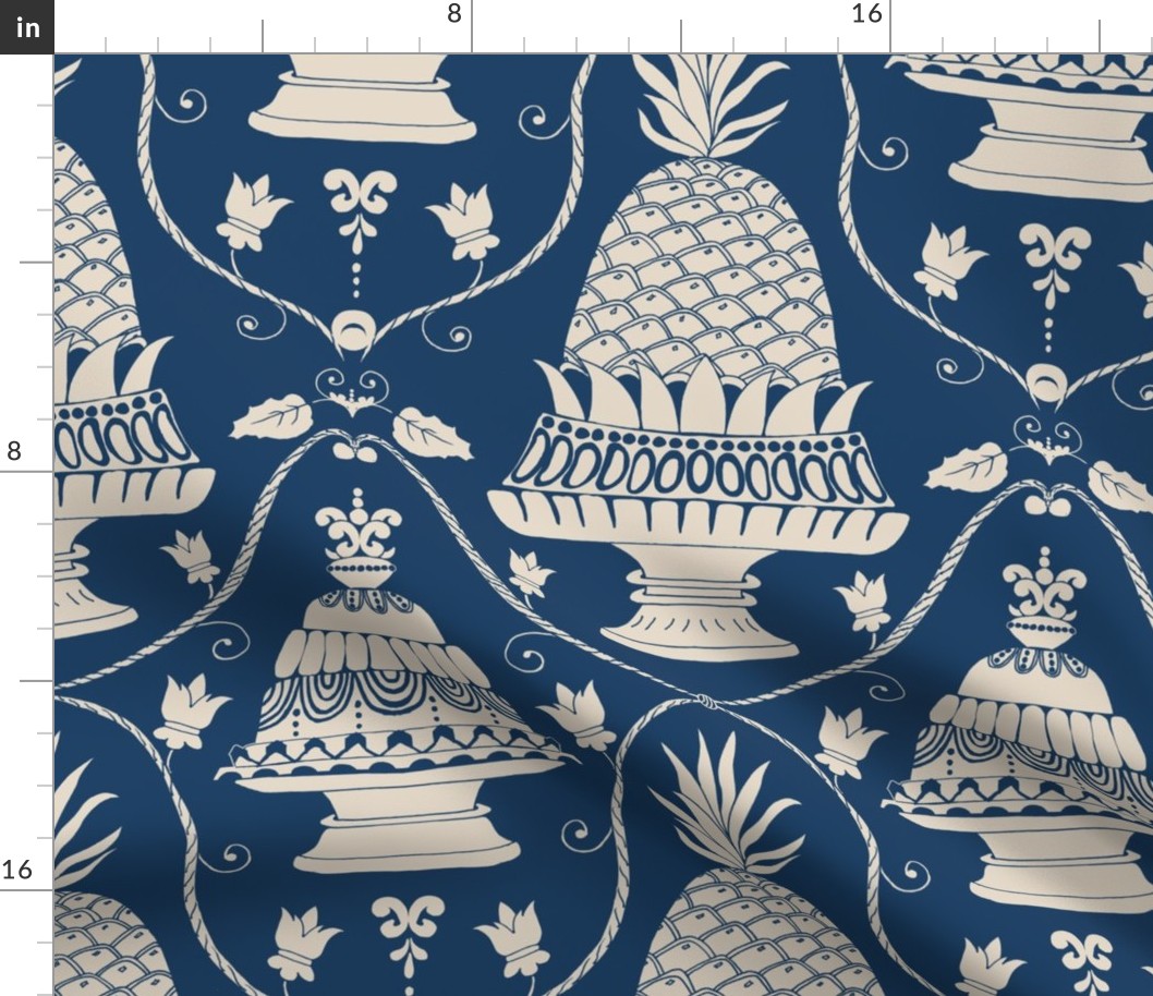 Patisserie shop window damask in navy blue with sweet dessert for birthday celebration, baking and eating - for classic elegant or grandmillennial interiors