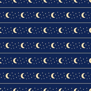 Celestial Crescent Moon and Stars Horizontal Stripe - Navy Blue and Light Yellow - Large Scale - Fantasy Wizard Design for Halloween