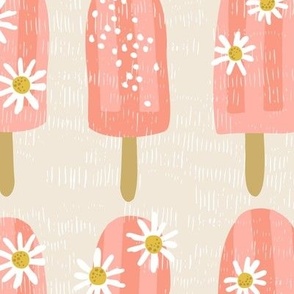 (Large) Textured peachy melon pink Popsicles decorated with edible daisies and elderflowers, sprinkles