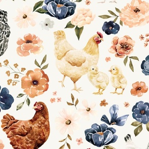 Farmhouse Country Chicken Floral on Cream 24 inch