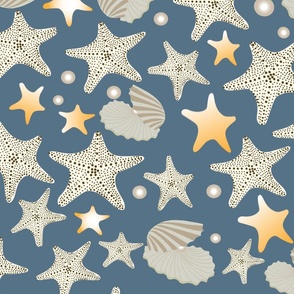 Star Fishes and Oyster- A trip to the beach- Nautical-Blue