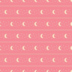 Celestial Crescent Moon and Stars Horizontal Stripe - Coral Pink - Large Scale - Cute and Cozy Witchy Aesthetic for Pastel Halloween Styles