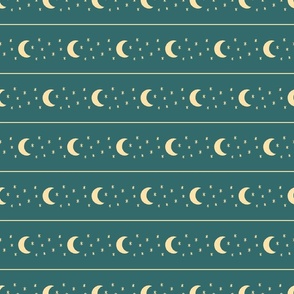 Celestial Crescent Moon and Stars Horizontal Stripe - Teal Green - Large Scale - Cute and Cozy Autumn Sweater Weather Halloween Pattern