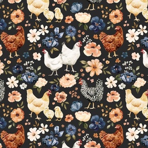 Farmhouse Country Chicken Floral on Dark Gray 12 inch