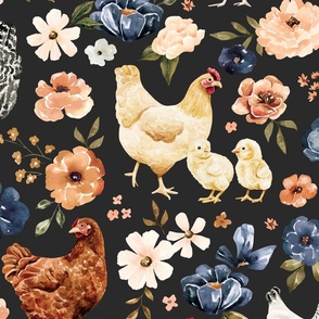 Farmhouse Country Chicken Floral on Dark Gray 24 inch