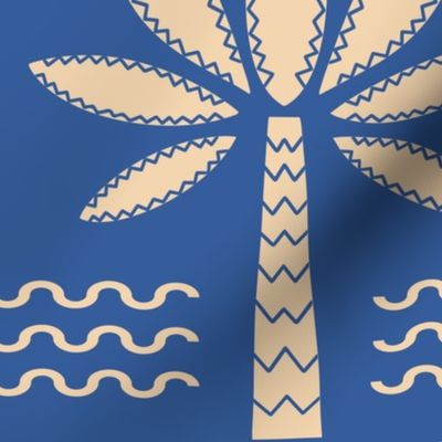 Dichromatic-sand-beige-palm-trees-on-ocean-blue-with-geometric-waves-XL-jumbo