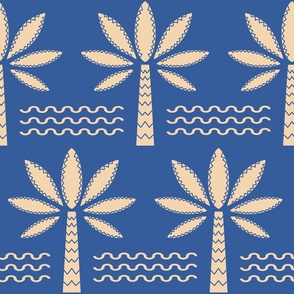 Dichromatic-sand-beige-palm-trees-on-ocean-blue-with-geometric-waves-XL-jumbo