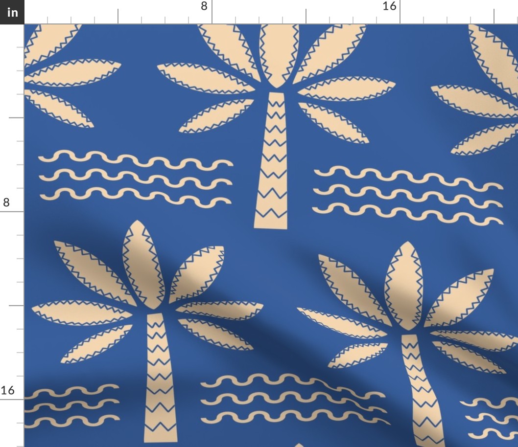 Dichromatic-sand-beige-palm-trees-on-ocean-blue-with-geometric-waves-XL-jumbo