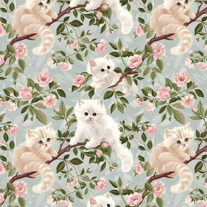 Blossoming Feline Fancy: Playful Kittens in Pastel Rose Arbors on Tranquil Blue for Charming Wallpaper and Whimsical Textiles