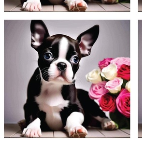 Boston Terrier Puppy Roses pink and  red