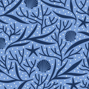 Underwater Sealife – Starfish, Seashells, Coral and Seaweed in Cornflower Blue and Navy Blue – Large Scale