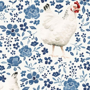 Watercolor Chickens with French Country Floral  24 inch