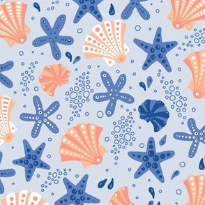 (Large) Tide Pool Delight: Sea Shells, Starfish, Snails, Bubbles and Water Drops in Blue and Peach Orange
